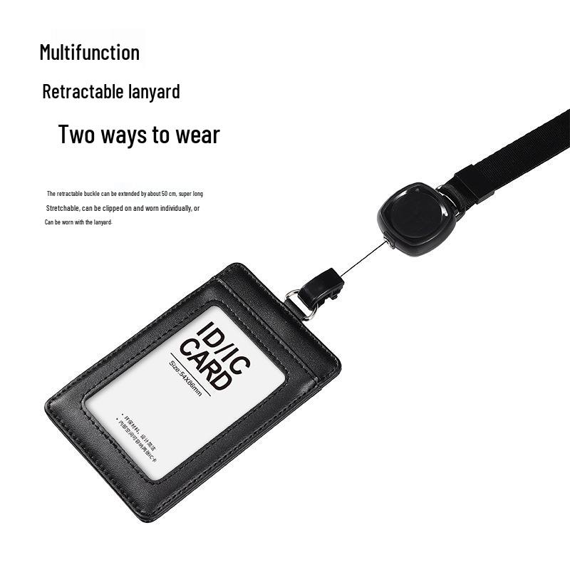 Dual-Use Genuine Leather ID Card Holder with Retractable Lanyard: Horizontal & Vertical Slots for Employee Badge or Exhibition Tag