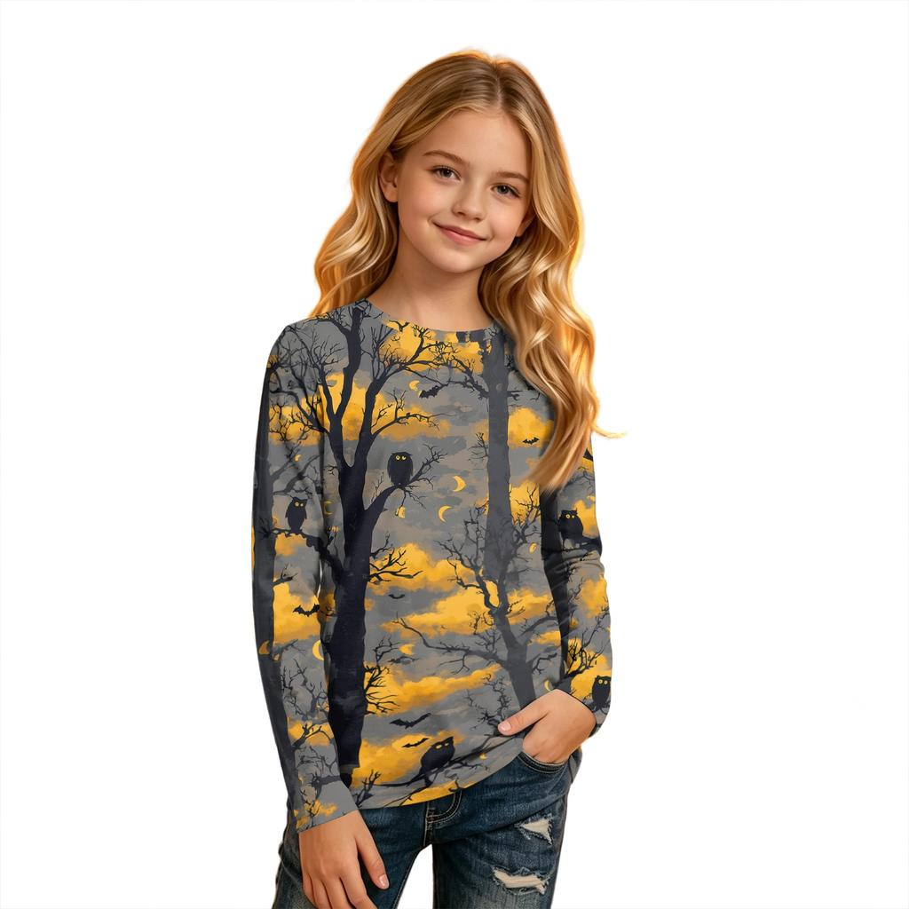 Kids Long Sleeve T-Shirt with Halloween Print, Round Neck, for Boys and Girls