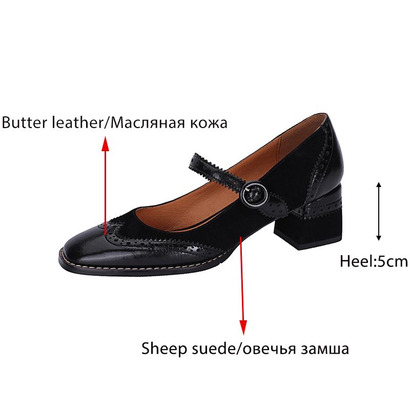Fashion Genuine Leather Mary Jane Women's Shoes Fashion Retro Buckle Shallow Pumps Square Toe Thick Heel Handmade Shoes Woman Size 34-40