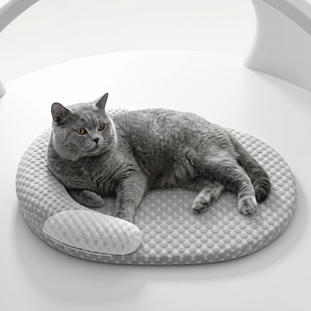 Summer Cooling Cat Bed, Breathable Dog Bed with Raised Neck Pillow, Non-Slip & Washable Round Cooling Pet Mat for Cats and Small Dogs