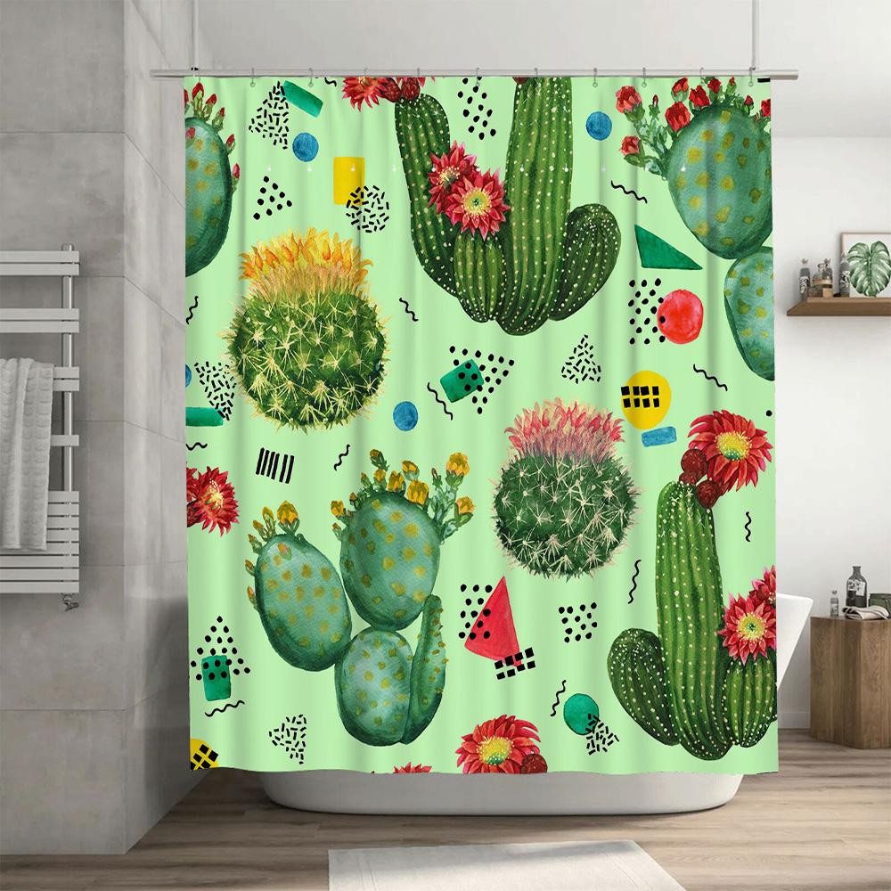 Green Cactus Shower Curtain Floral Print Bathroom Decor Faux Washed Linen Fabric Watercolor Design 72 X 84 Inches For Home Decor