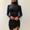 Damen Locker Lässig Einfarbig Kordelzug Hoher Kragen Kleid Mit Langen Ärmeln Und Eng Anliegendem Hüftbetonendem Kleid