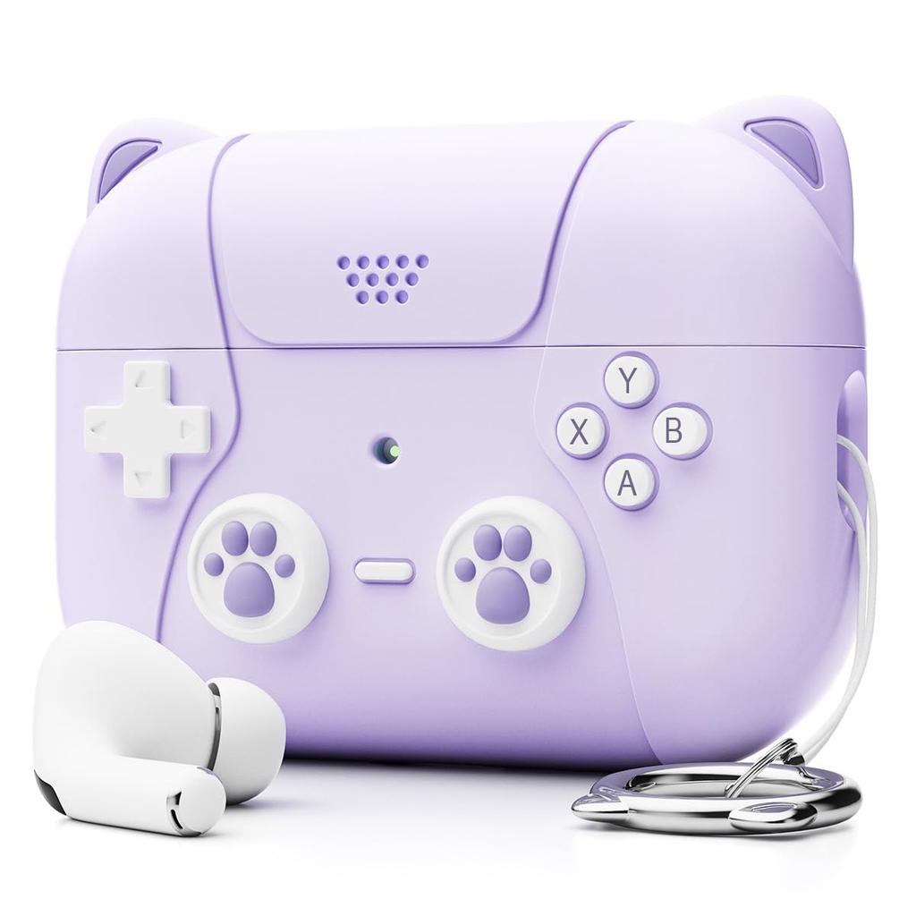 for AirPods 4 Generation Case Cover with Keychain Game Player Design Soft Silicone Case for AirPods Pro2 Charging-Cat Ear Purple