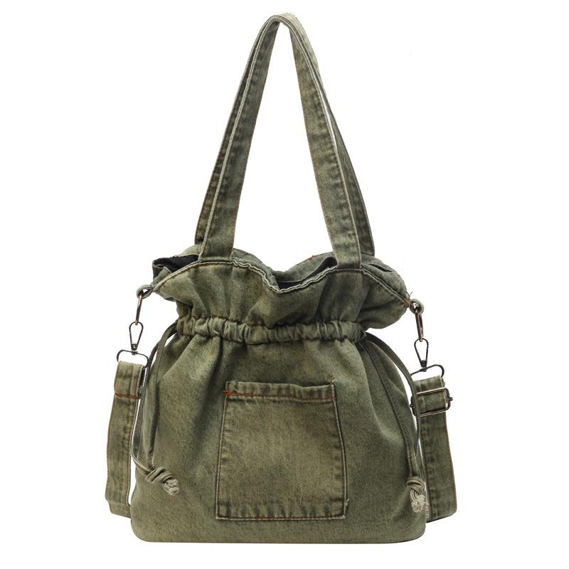 Trendy Ruched Denim Tote Bag Vintage Bucket Shoulder Bag Drawstring Crossbody Bag For Women