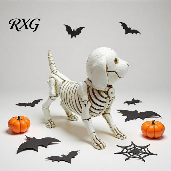 Cute Bone Texture Decor Skull Puppy Resin Figurine, Halloween Retro Skeleton Dog Statue, Creative Holiday Yard Ornaments Gothic Desktop Ornament