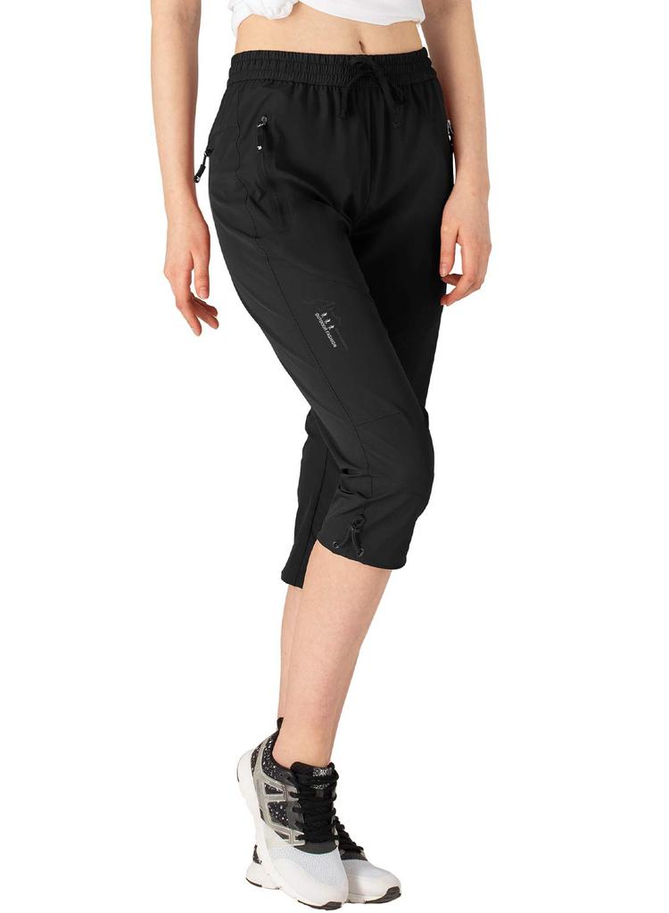 Damen 34 Länge Hose, Schnelltrocknend, Trekkinghose, Unterknielang, 4-Wege-Stretch, Dünn, Wasserabweisend, Schwarz L