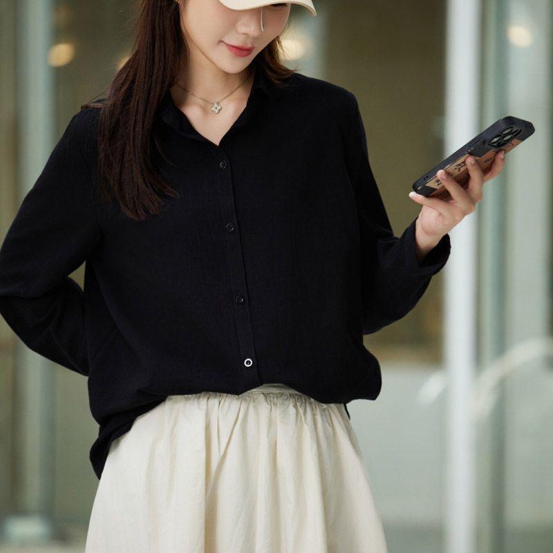 Women Light Blue Button Up Shirt Loose Fit Long Sleeve Casual Blouse