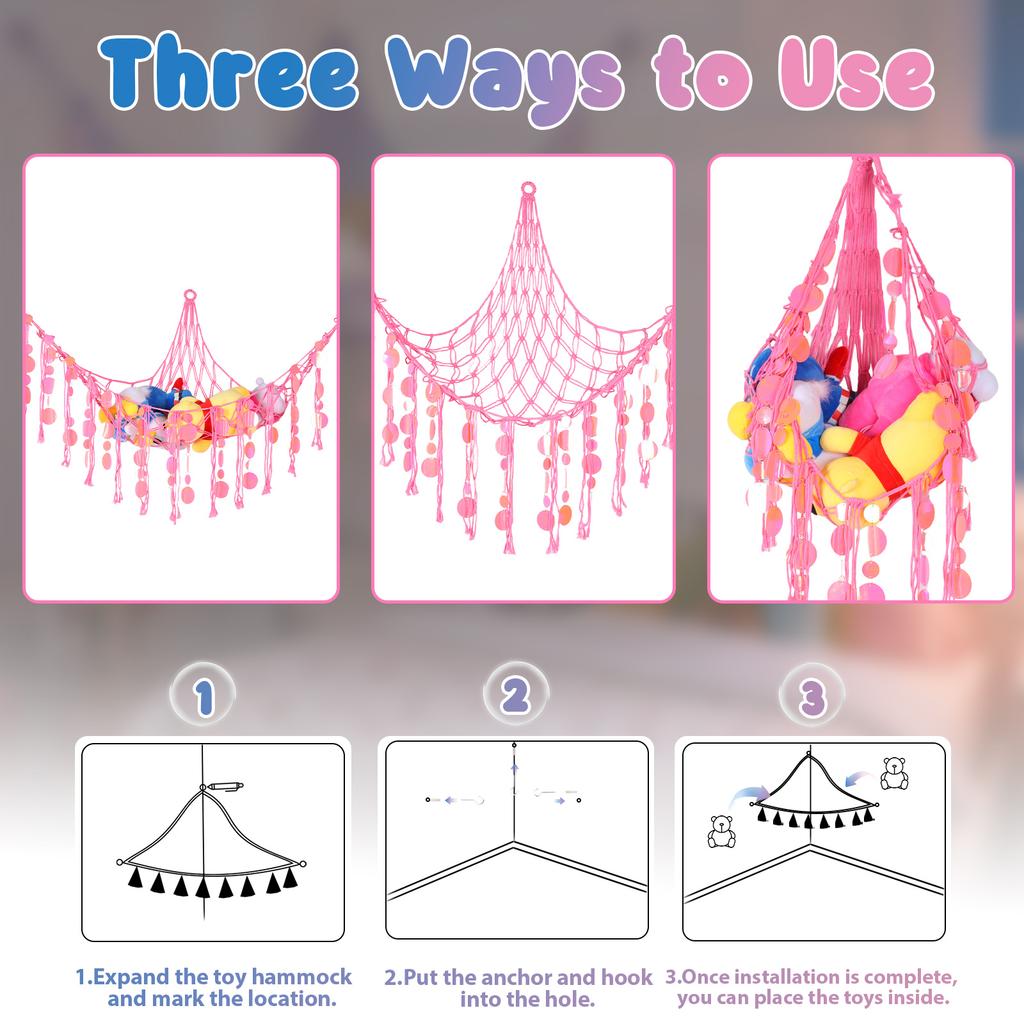 Stuffed Animal Hammock with LED Lights Wall Corner Hanging Plush Toy Storage Net Woven Cotton Rope Kids Nursery Decor