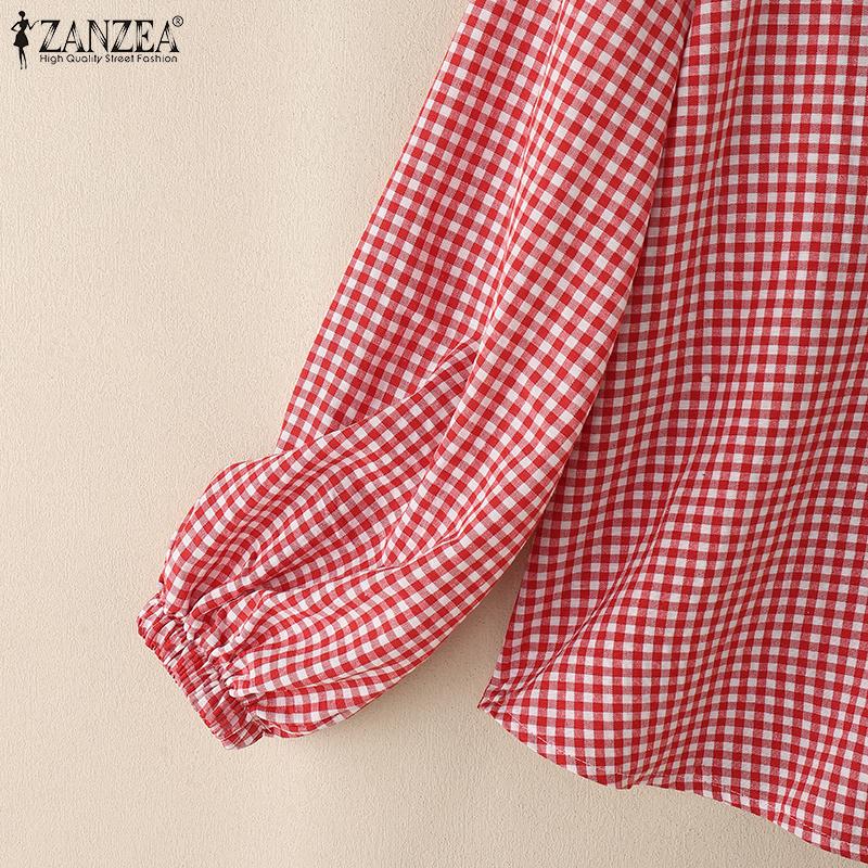 ZANZEA Blusa Casual para Mujer con Volantes, Cuello Redondo, Manga Larga Holgada, Estampado de Cuadros