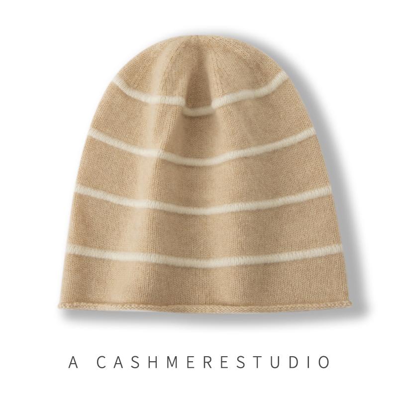Women 100% Pure Cashmere Beanie Hat Striped Pattern Rolled Cuff Winter Warm Soft Slouchy Skullies Cap Cold Weather Accessory