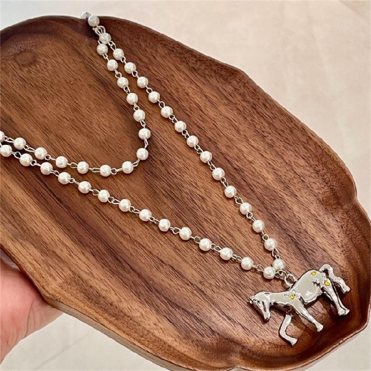 Long Chain Horse Pendant Pearls Necklace Designed for Easy Layering Alongside Other Chains in Fashion Styles