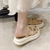 Cool slippers women's summer wear 2025 new fairy wind round head hollow pearl belt muffin thick bottom one-word slippers