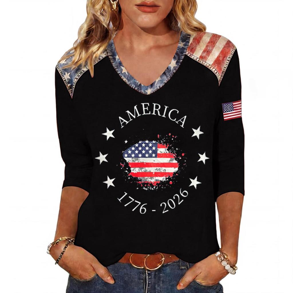 Long Sleeve Shirts for Women Womens Long Sleeve Tops Long Sleeve Tops for Women Womens Long Sleeve T Shirts Flag Print V Neck Tee