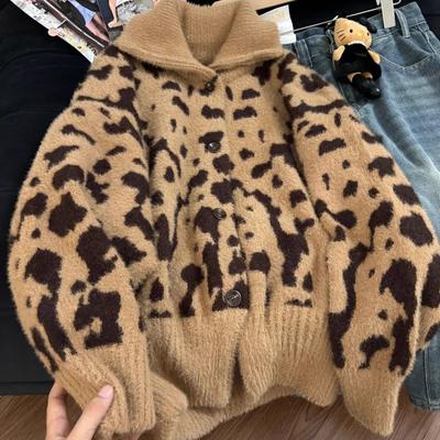 Sweaters Coat Cardigan for Women Leopard Winter Oversize Fleece Thickened Solid Color Loose Long Sleeve Knit Sweaters Coat