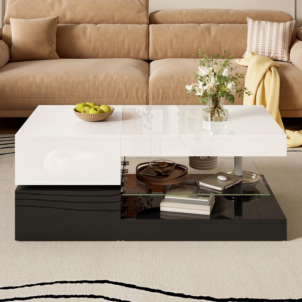 Moderner Couchtisch mit LED-Umgebungsbeleuchtung, APP- und Bluetooth-Steuerung, Glasablage & Hochglanzoberfläche, schwarz-weißes Design, 90x45x35,5 cm