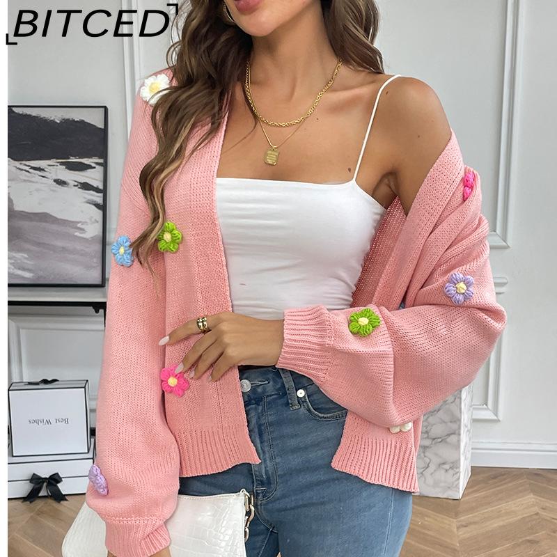 BITCED Hand-Crocheted Floral Sweet Knit Cardigan Sweater Jacket for Women Lazy-Chic Style Casual Oversized Knitwear
