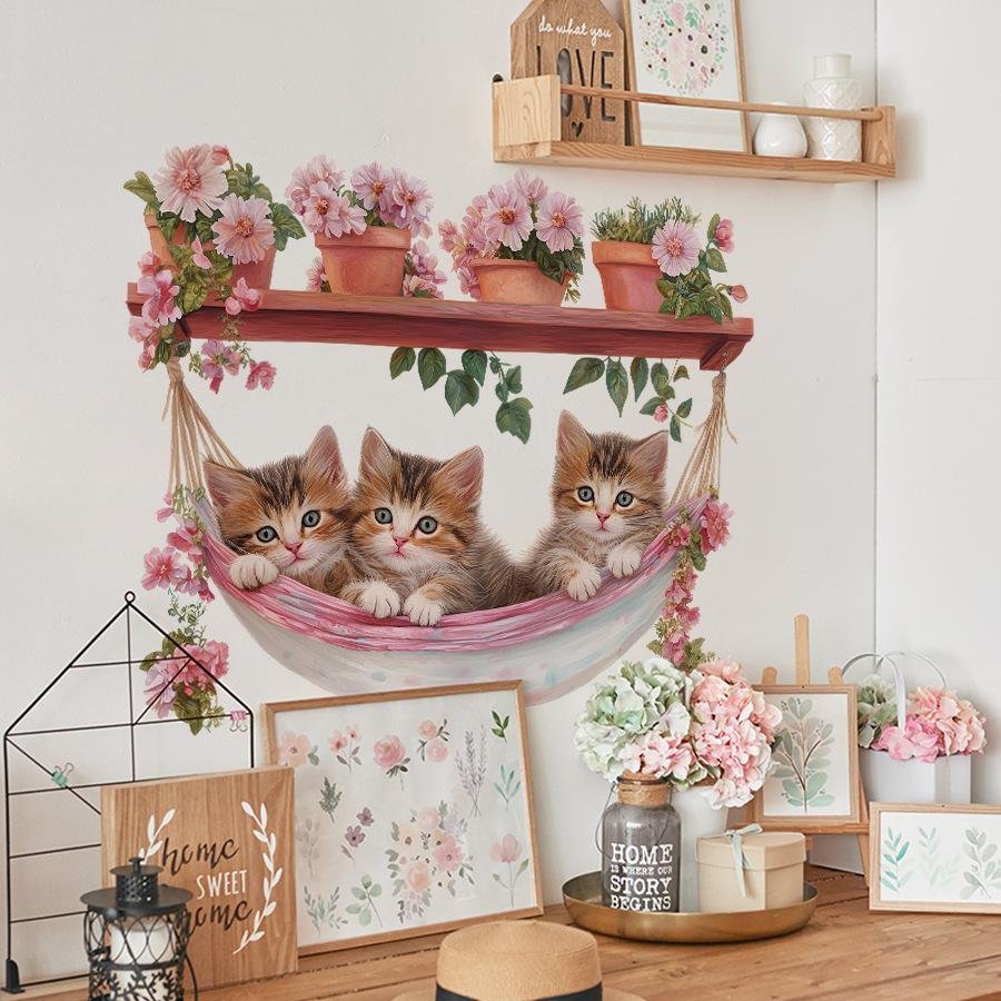 Artistic Potted Plant Kitten in Hammock Wall Stickers, Self-Adhesive Decor for Study Room Bedroom Kids Room Decoration