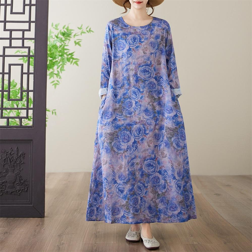 Long Sleeve Plus Size Cotton Vintage Floral New In Dresses for Women Casual Loose Spring Autumn Dress