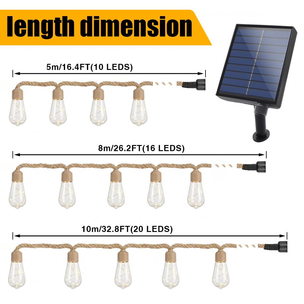 10/8/5m Solar Outdoor Garden Twine String Lights Waterproof Solar LED Patio Lights for Fence Wedding Party Decorative