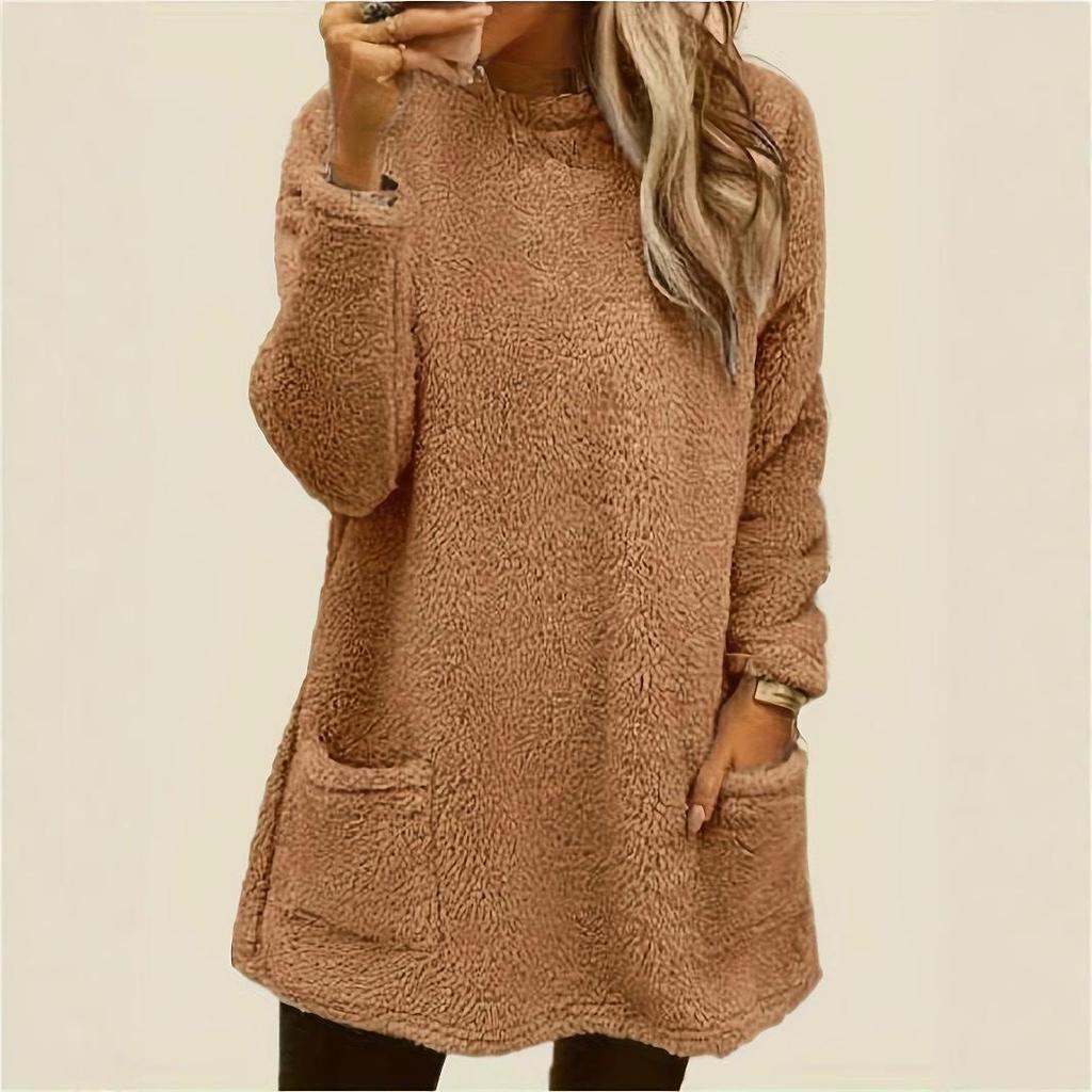 Women's Casual Long-Sleeve Plush Sweater with Pockets, Autumn/Winter Collection