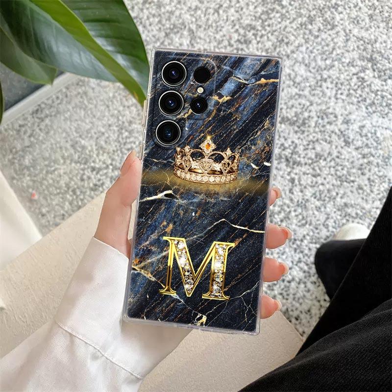 Initial Letter E M I J L Phone Case For Samsung Galaxy S24 S23 Ultra S22 S20 Plus S21 FE Clear Cover Fashion Marble Crown Fundas