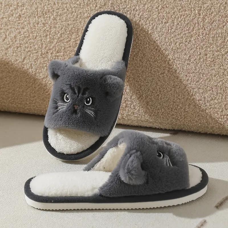 נעלי בית חתול מצויר מעובות וחמות, נעלי בית כותנה חתול קטיפתיות עם סוליה רכה ובוהן חשופה