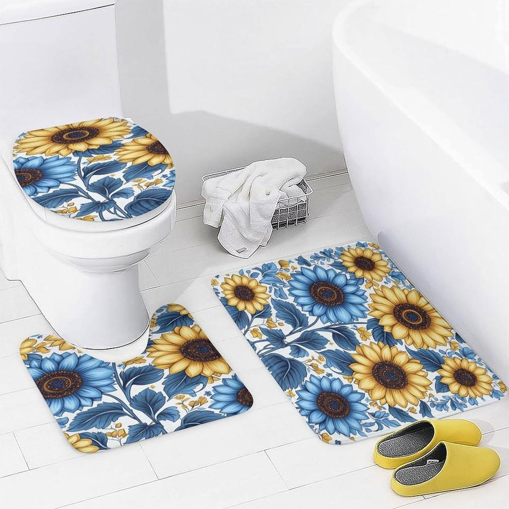 Bathroom Curtain And Rug Set, Sunflower Pattern Printed On Shower Curtain And Bath Mat Set, Designed For Farmhouse Contemporary