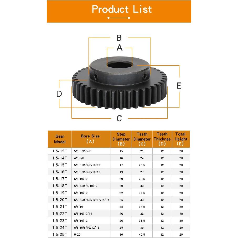 Spur Gear 1.5M-17T/18T Inner Bore 5/6/6.35/8/10/12 mm Teeth Thickness 12 mm Blackening Carbon Steel Metal Gears for Transmission