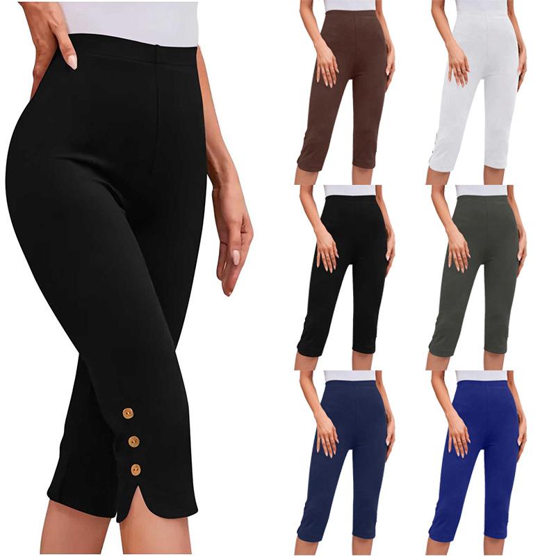 Women's Mid Rise Capri Leggings Loose Fit Button Split Casual Cropped Pants Summer Stretch Daily Bottoms