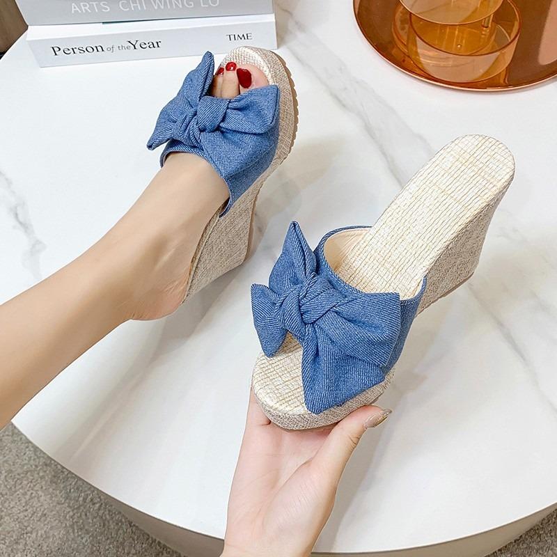 Cross-border large-size women's shoes spring new fashion Korean version bow one-word wear slope heel cool slippers women