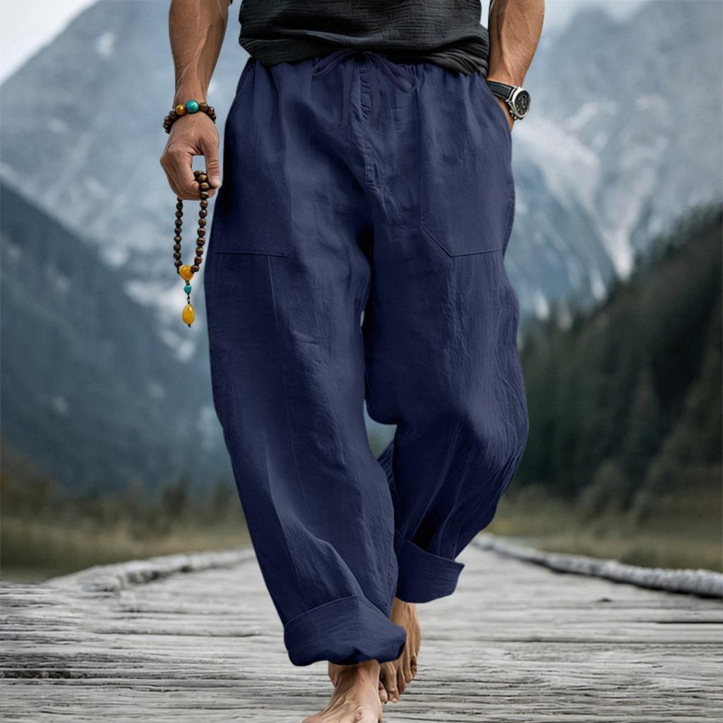 Men’s Loose Fit Linen Pants Breathable Sweat Absorbing Wide Leg Casual Trousers with Drawstring Waist Large Size for Daily Wear