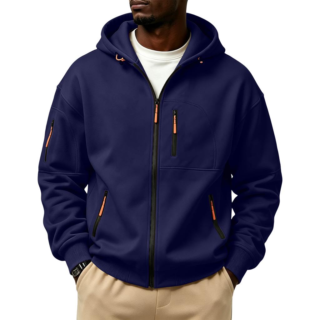 Men's Winter Color Hooded Zip-Up Sweatshirt with - Pockets for Daily Wear