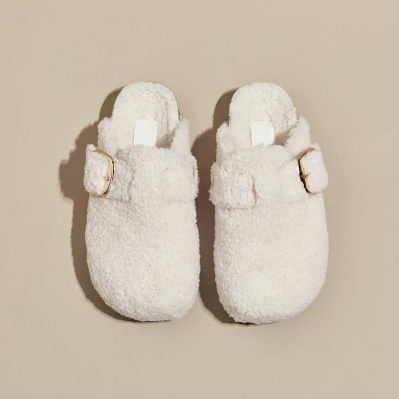 Fashion Warm Thicken Lamb Wool Birken Slippers Women 2024 Winter Fur Flat Mules Shoes Woman Brand Designer Thick Bottom Outdoor Slides