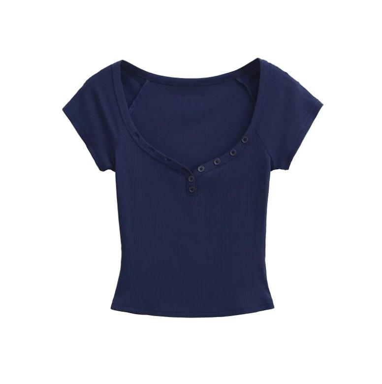 Summer New Female Spice Girls Solid Color V-neck Short-sleeved T-shirt Pure Desire Wind Slim Waist Elastic Tight Short Top