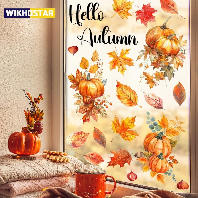 New Pattern Autumn Harvest Pumpkin Leaves and Squirrel Background Wall Decal Double-Sided Printed Window Glass Display Sticker