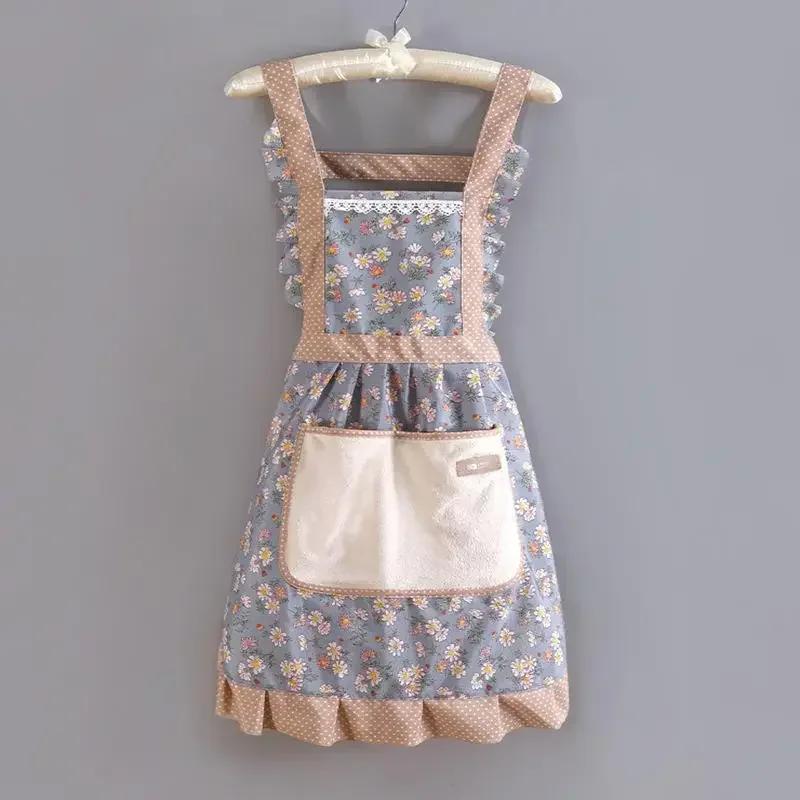 

1PC Female Lovely Floral Canvas Apron Kitchen Oilproof Anti fouling Cooking Apron with Pocket Adjustable Workwear Apron синий