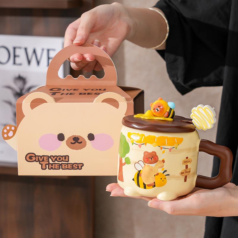 Cute High Value Bee Bear Ceramic Cup with Lid for Home Office Couple Water Cup Creative Gift Mug