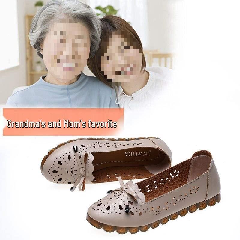 Damen Atmungsaktive Weiche Leder Slipper - Hohles Design, Rutschfest, Weiche Sohle Lässige Mama-Schuhe