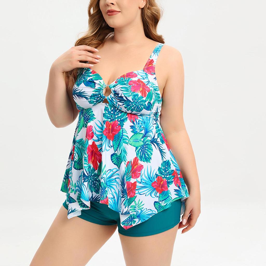 Plus Size Two Piece Swimsuit Women Tankini Swimwear with Removable Padding Wireless Bra and Boyshorts Bottoms for Beach Pool
