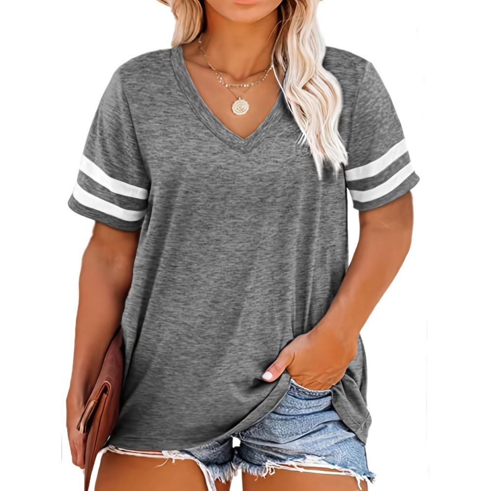 Women s Large Size Casual V-neck Short-sleeved Solid Color Loose T-shirt Sports Outdoor Top Women s Clothing S