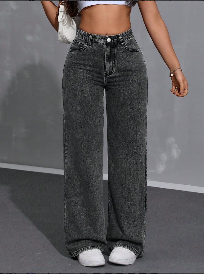 Women s Mid Rise Straight Leg Jeans Streetwear Wide Leg Denim Pants Vintage Washed Non-Stretch Long Trousers S