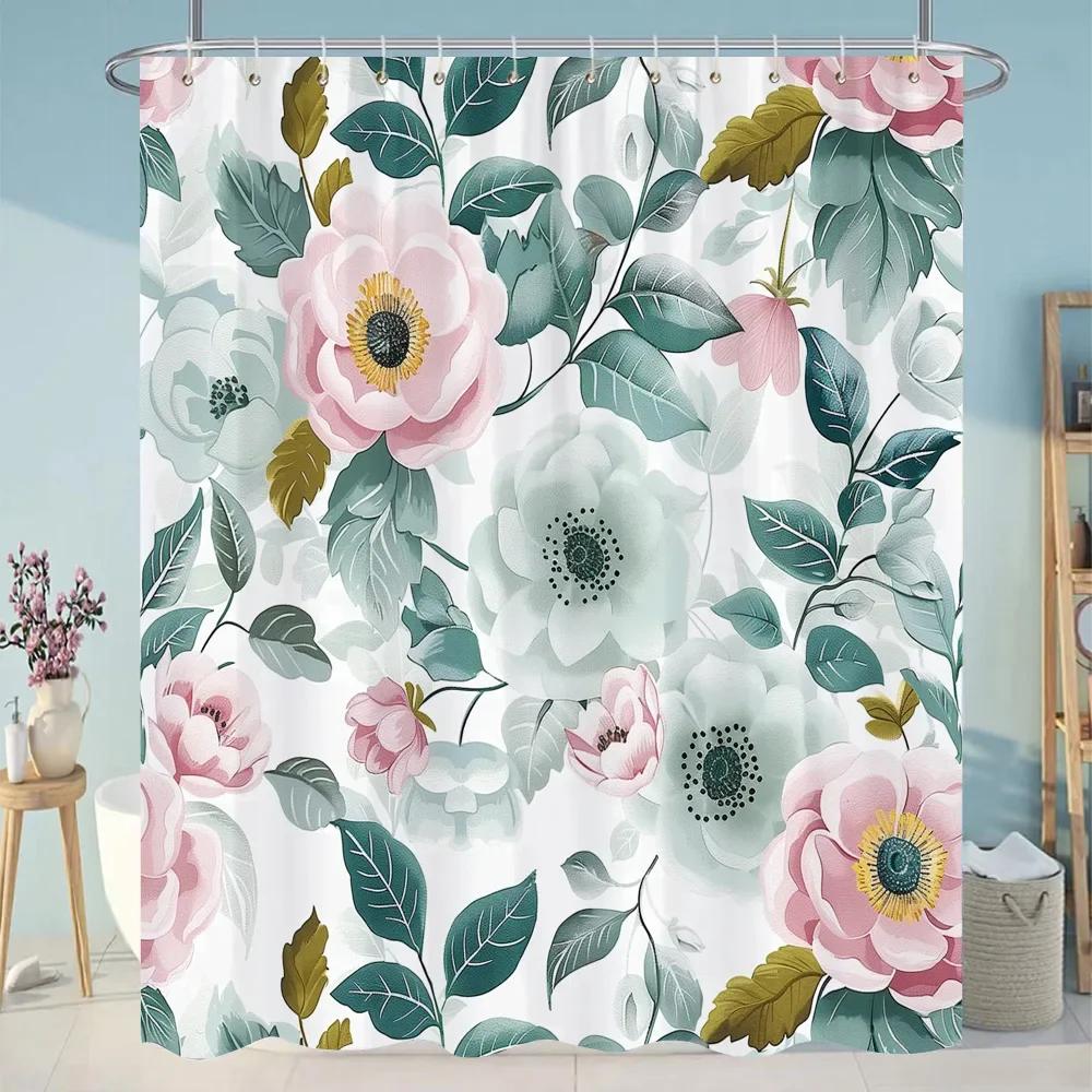 Botanical Flower Shower Curtain Colourful Flowers Green Leaves Watercolour Art Creative Polyester Shower Curtains Bathroom Decor