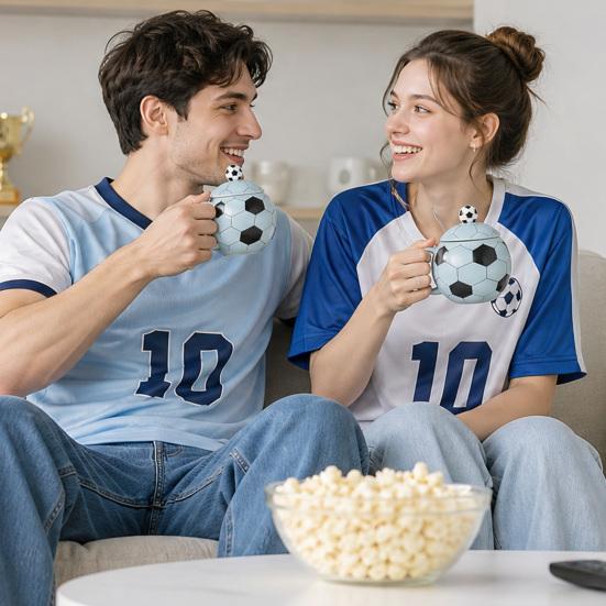 Soccer Ceramic Mug, 400ml Football Shaped Cup with Lid, Black White Hexagon Sports Drinkware for Home Office, Fan Gifts