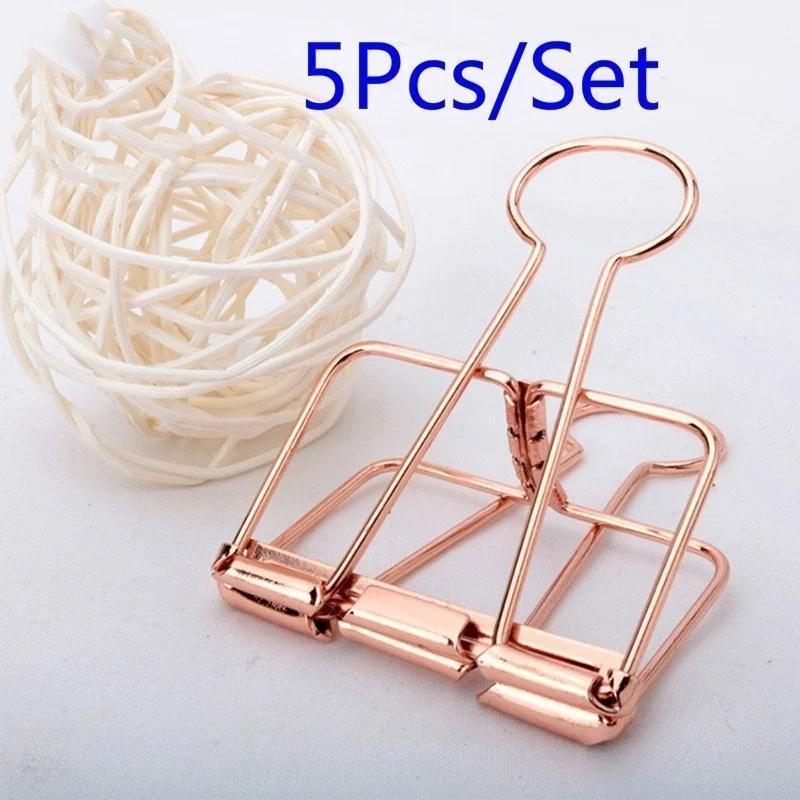 5Pcs Rose Gold Metal Binder Clips Office Binding Supplies Paper Documents School Accessories Kawaii Photo Decorative Bookmark
