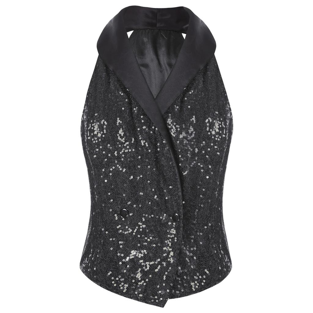 Blusa de Lentejuelas Brillantes para Mujer Cuello en V Solapa Diseño sin Mangas Frente con Botones a Presión Top Elegante