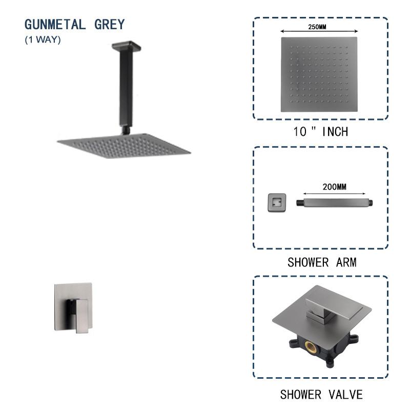 

Brass Wall Embed Mount Grey Color 1/2/3 Function Concealed Shower System 10 Inch Top Rain Spray Hand Shower Head Bathroom Faucet