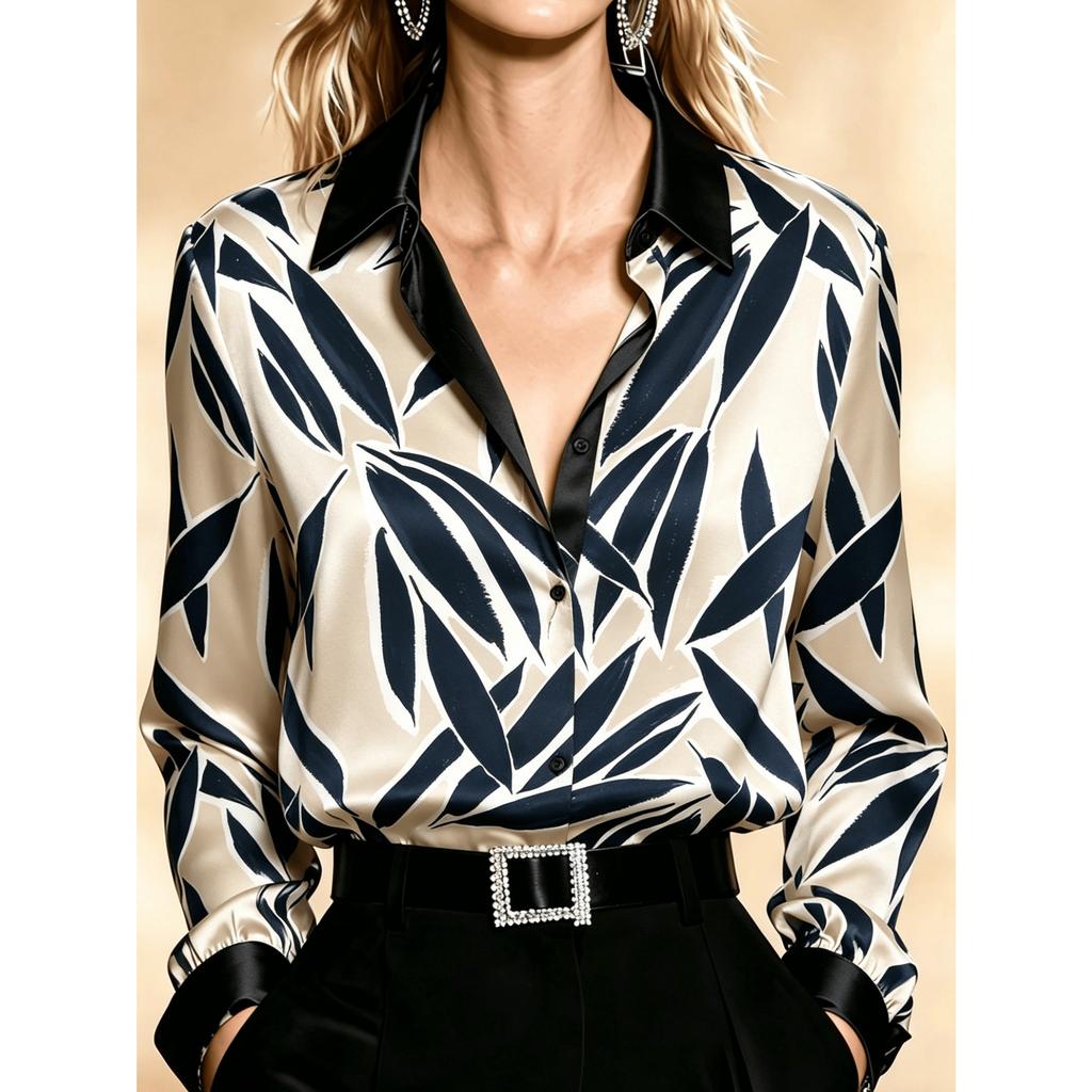 Women's Long-sleeve Atlas Shirt with a Relaxed Collar, Floral Print, Elegant Everyday Wear