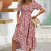 Women's Bohemian  Square Neck Puff Sleeve Short Sleeve-Red XL