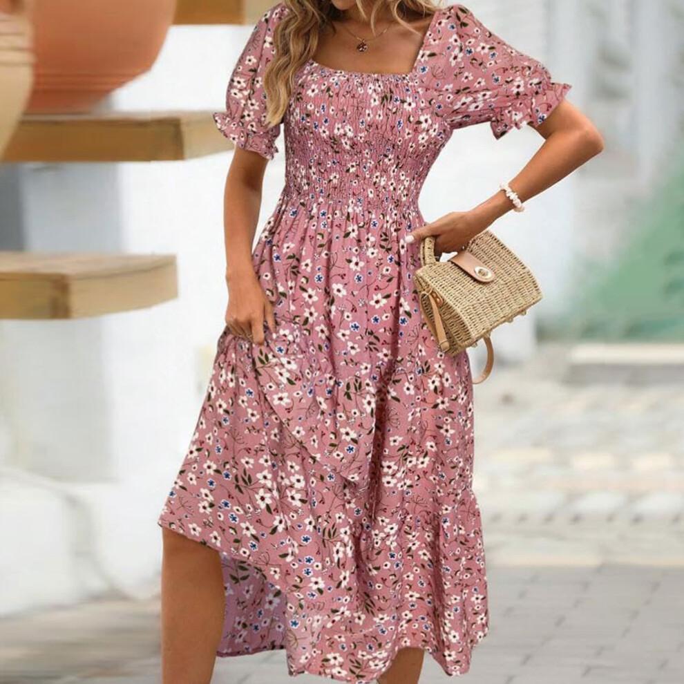 Women's Bohemian Square Neck Puff Sleeve Short Sleeve-Red XL
