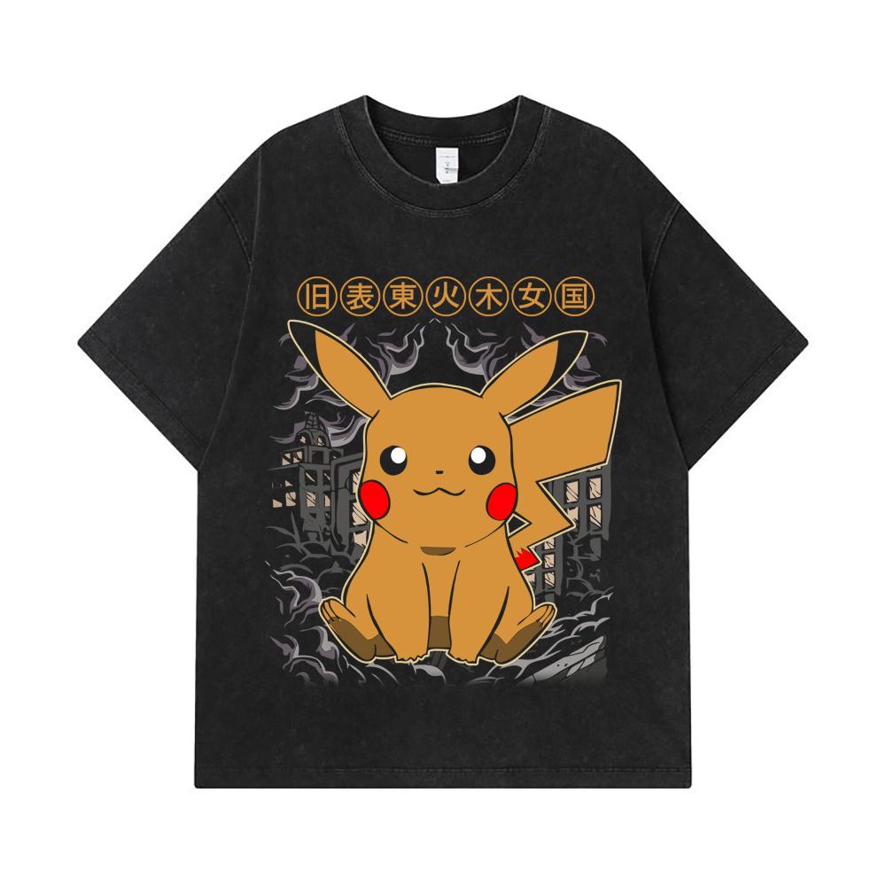 275 GSM Washed T-shirts 100% Cotton Pokemon V22 Pikachu Print Unisex Heavy Cotton T Shirt
